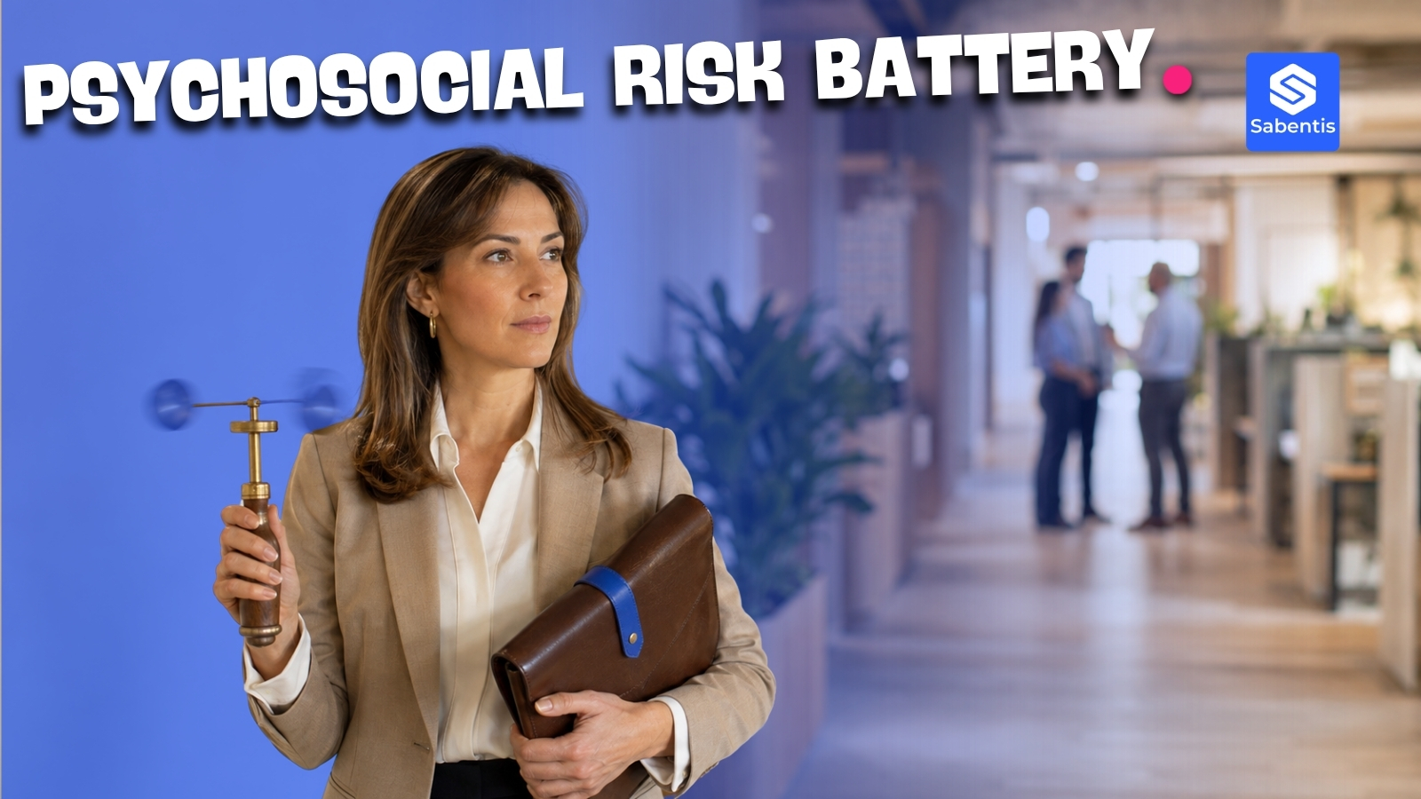 Occupational psychologist holding an anemometer, metaphor for the psychosocial risk battery measuring the invisible