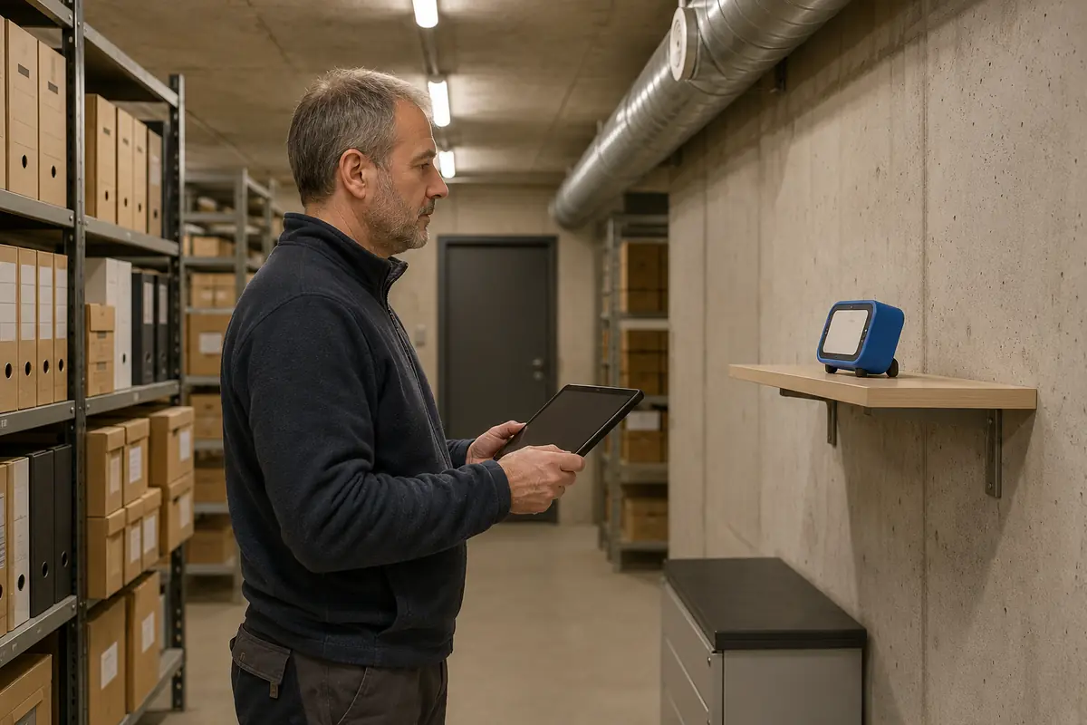 Técnico revisa un detector de radón situado en un archivo de planta sótano.