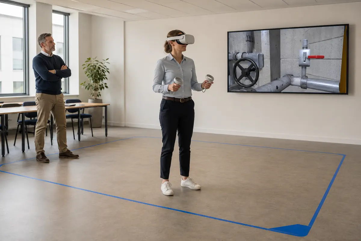 Trabajadora practica un procedimiento industrial con realidad virtual dentro de una zona despejada y supervisada.