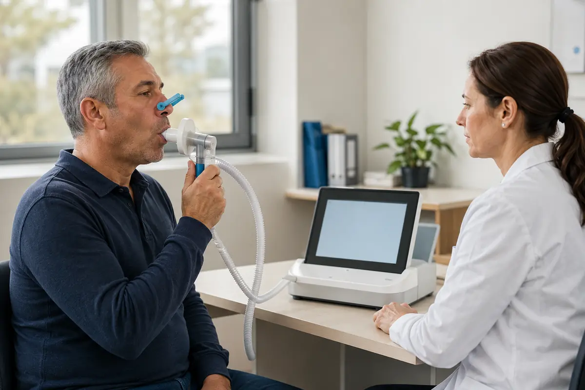 Médica del trabajo supervisa una espirometría durante un reconocimiento médico laboral.