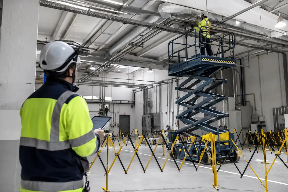 Recurso preventivo vigila desde una zona segura un trabajo en altura realizado sobre una plataforma protegida.