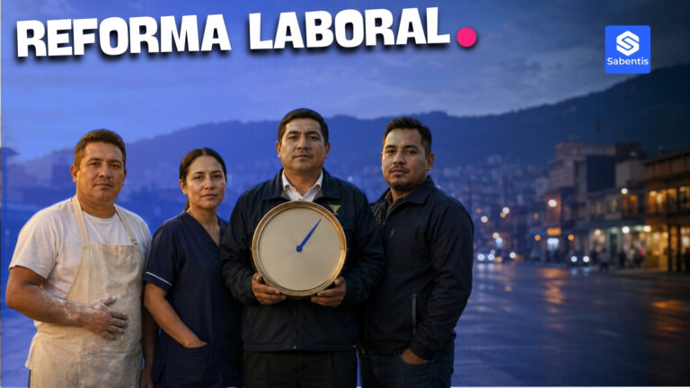 Cuatro trabajadores colombianos de distintos sectores con un reloj, símbolo de la reforma laboral 2026