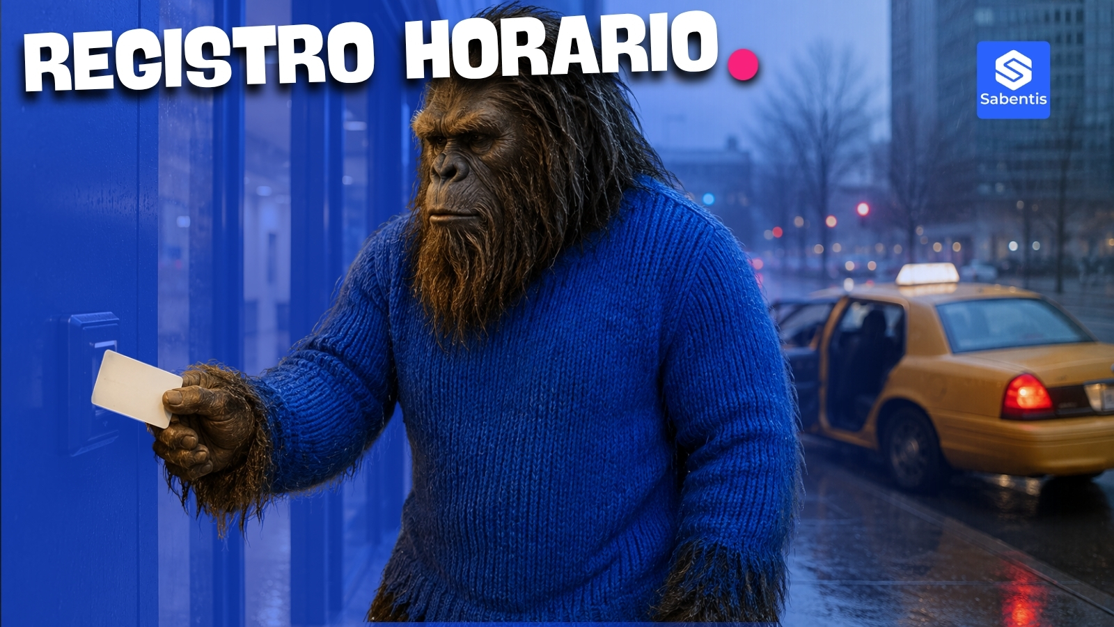 Sasquatch con jersey azul fichando con una tarjeta, metáfora del registro horario digital