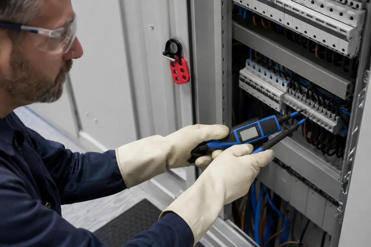 Electricista verifica la ausencia de tensión en un cuadro consignado y bloqueado.