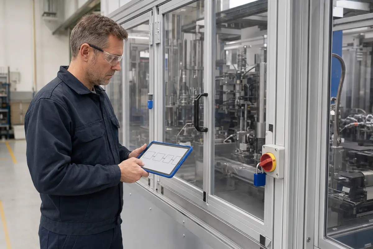 Técnico consulta un procedimiento ante una máquina con resguardo cerrado y energía aislada.