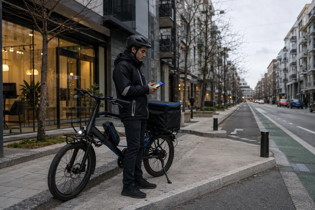 Repartidor detenido junto a una bicicleta eléctrica consulta el móvil en una calle urbana.