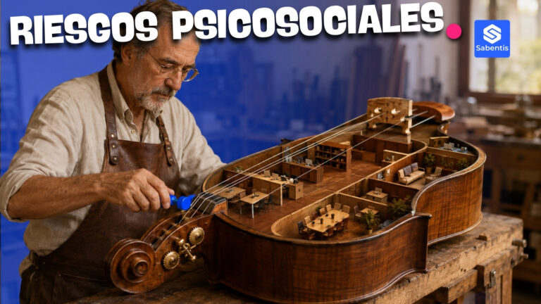 Luthier afinando un instrumento con forma de oficina, metáfora de la evaluación de riesgos psicosociales