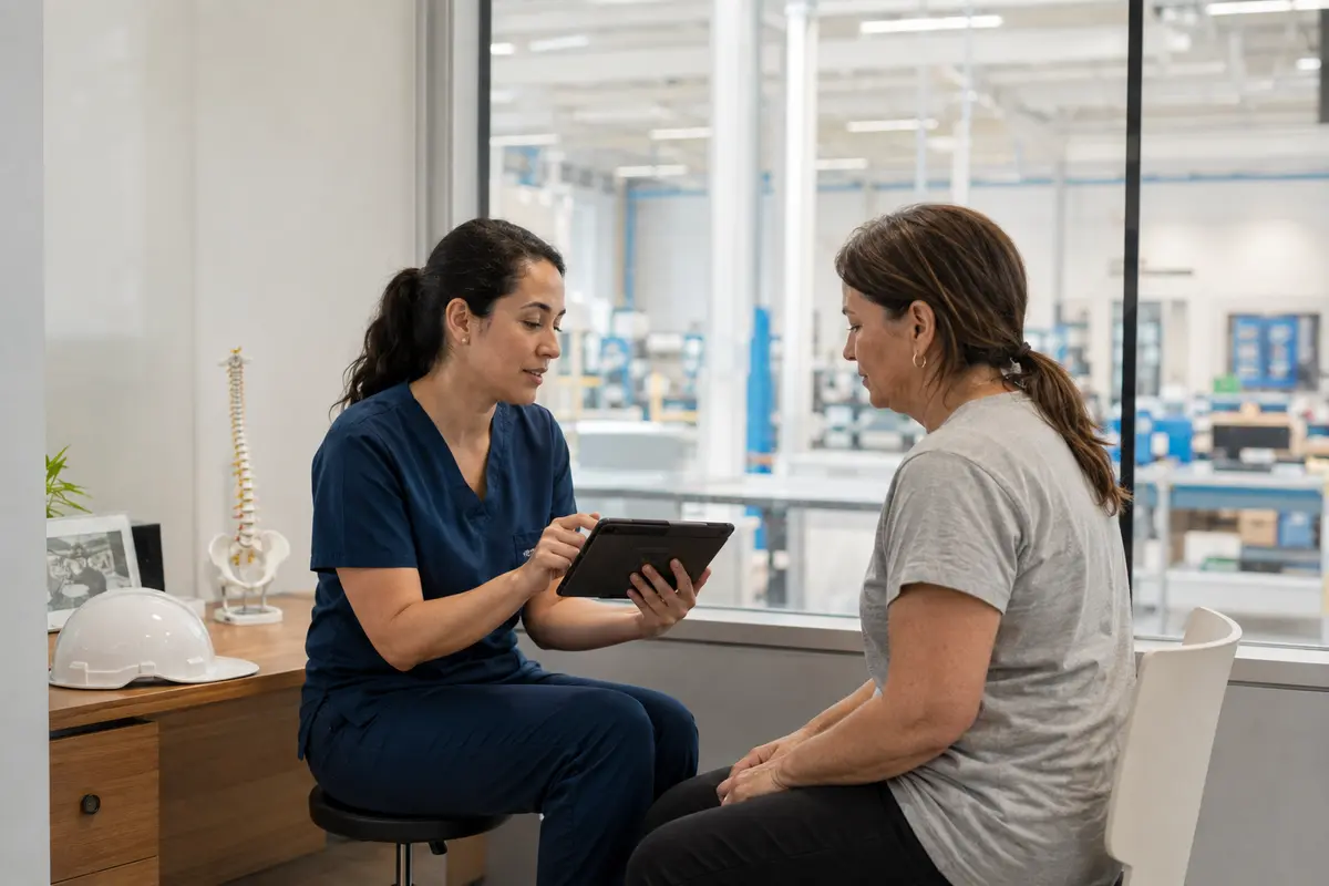 Profesional de salud laboral revisa con una trabajadora una evaluación preventiva en el centro de trabajo.