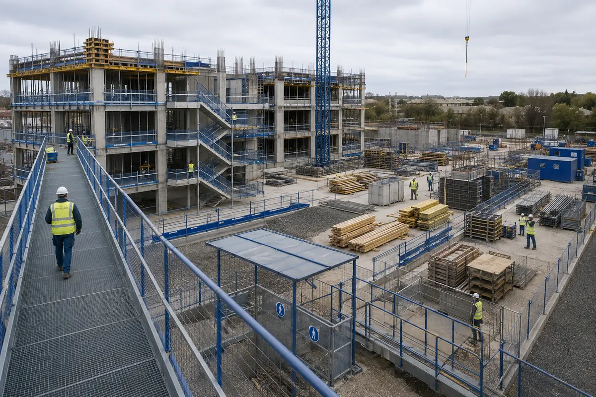 Obra organizada con pasarelas, protecciones de borde y acopios estables.