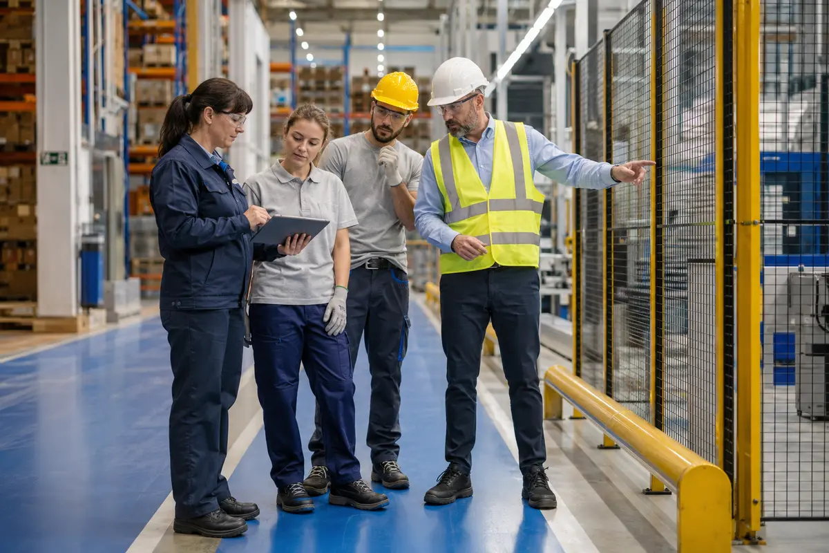 Equipo de seguridad y salud inspecciona de forma conjunta una protección en una nave industrial.