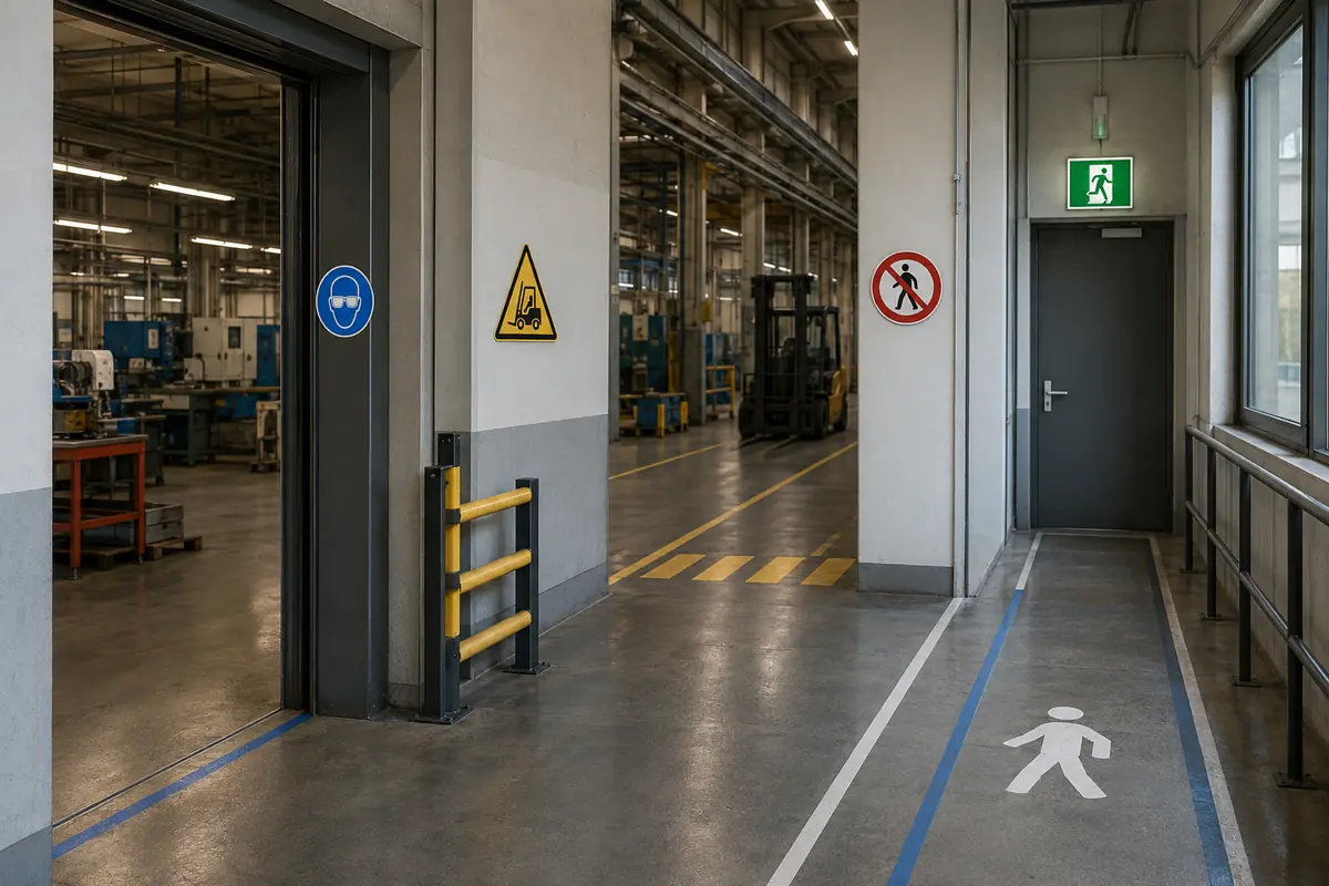 Pasillo industrial con pictogramas de obligación, advertencia, prohibición y salida.