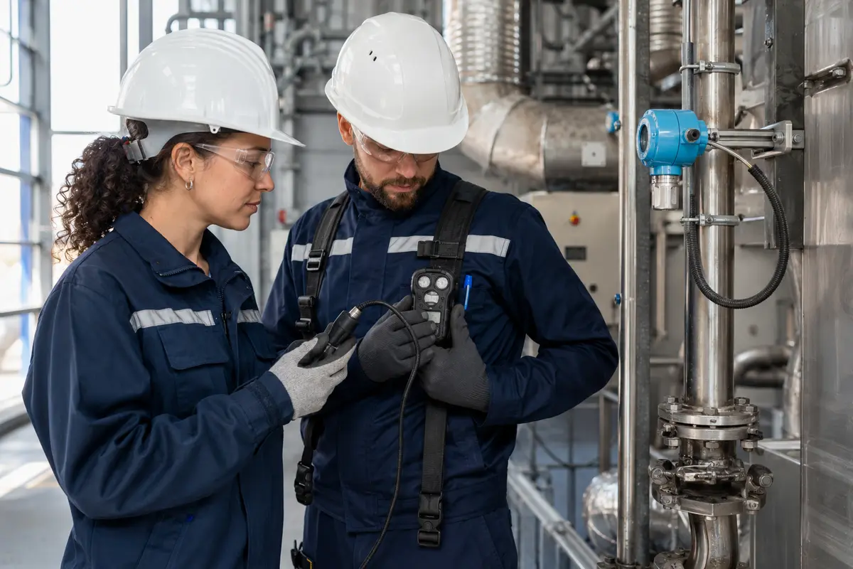 Higienista industrial y operario comprueban un detector personal y un sensor ambiental fijo.