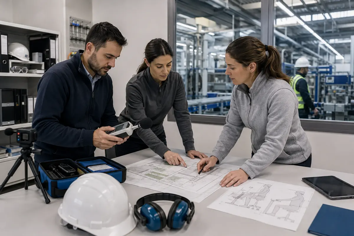 Equipo multidisciplinar de prevención prepara mediciones y una evaluación del puesto antes de visitar la planta.