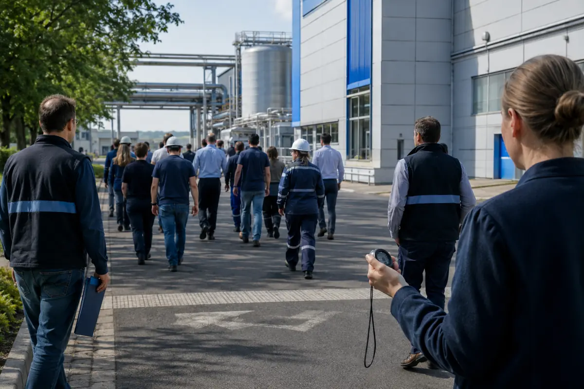Grupo de trabajadores evacúa de forma ordenada una planta mientras una responsable cronometra el simulacro.