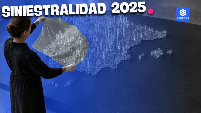 Conservadora sosteniendo un mapa de España de prismas de vidrio, símbolo de las cifras de siniestralidad laboral 2025