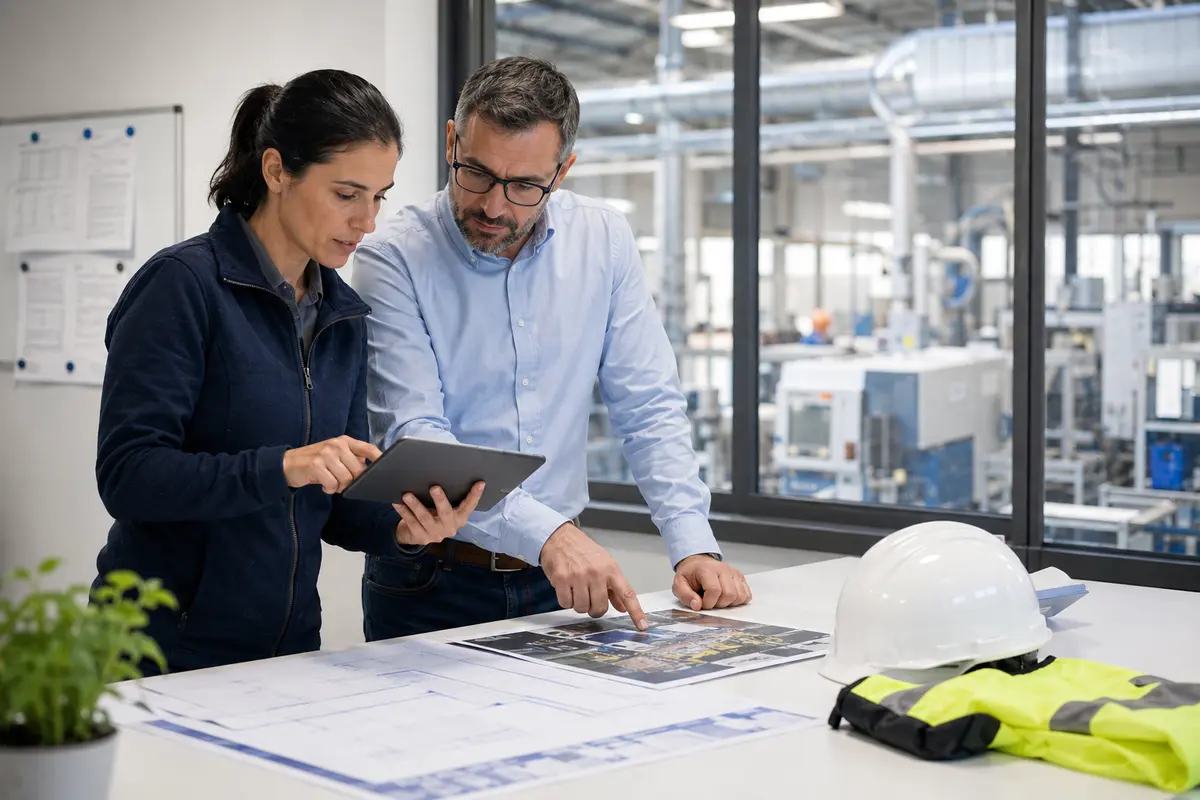 Técnica de prevención y responsable de operaciones revisan una plataforma de PRL en una tableta junto a planos de una planta industrial.