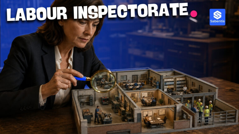 Inspector examining a factory model with a magnifier, symbol of what Spain's Labour Inspectorate checks in OHS