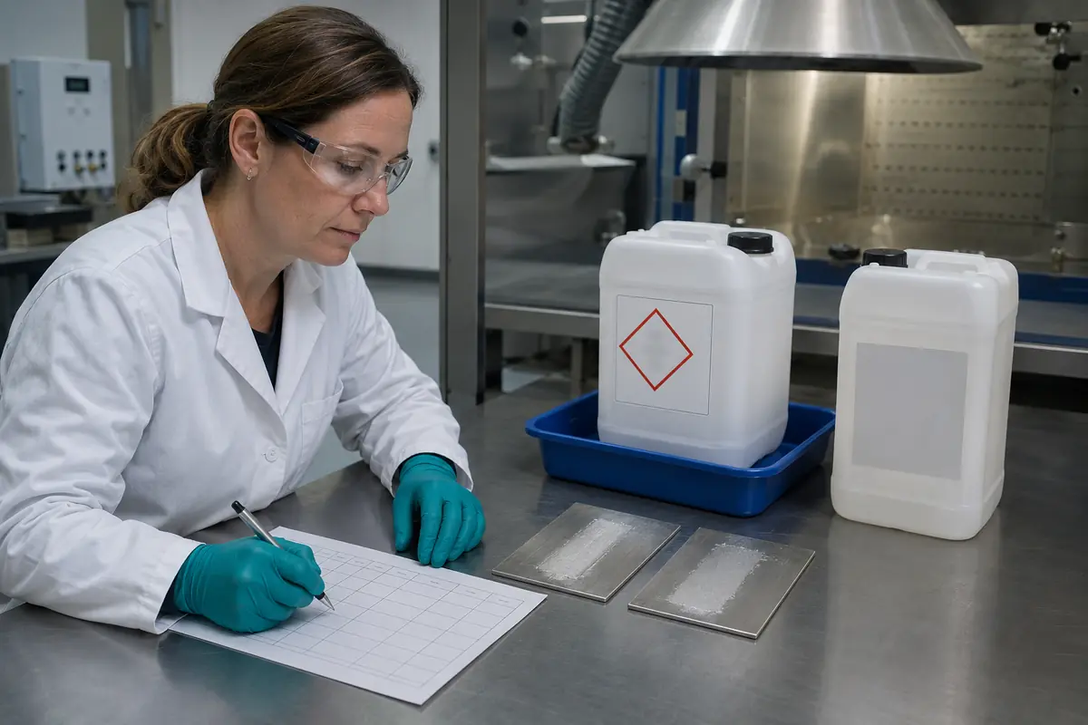 Técnica compara un producto químico de referencia con una alternativa mediante probetas de ensayo.