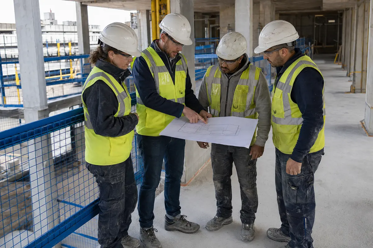 Técnico de prevención señala un plano ante tres operarios protegidos en una obra.