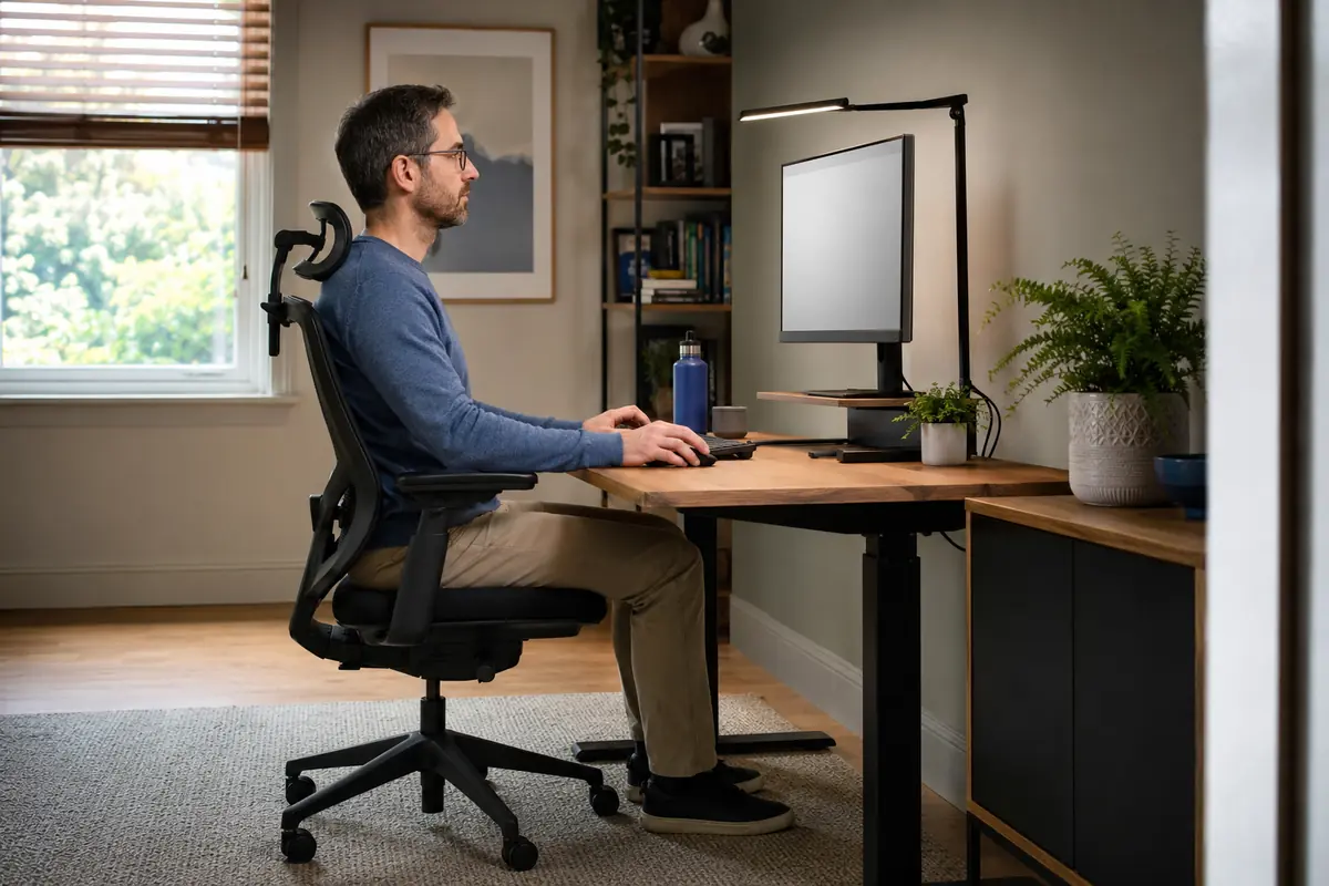 Teletrabajador utiliza una silla regulable y un monitor elevado en un puesto doméstico correctamente configurado.