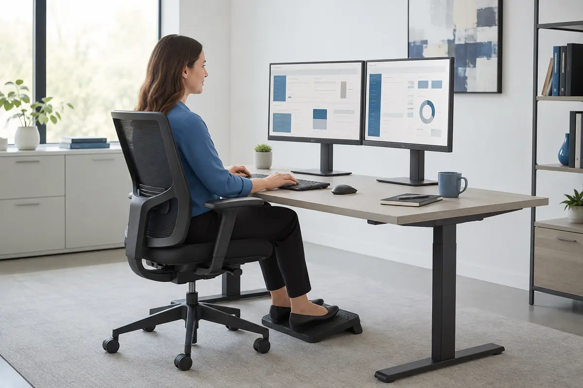 Trabajadora utiliza dos pantallas a la altura de los ojos en un puesto de oficina ergonómicamente ajustado.