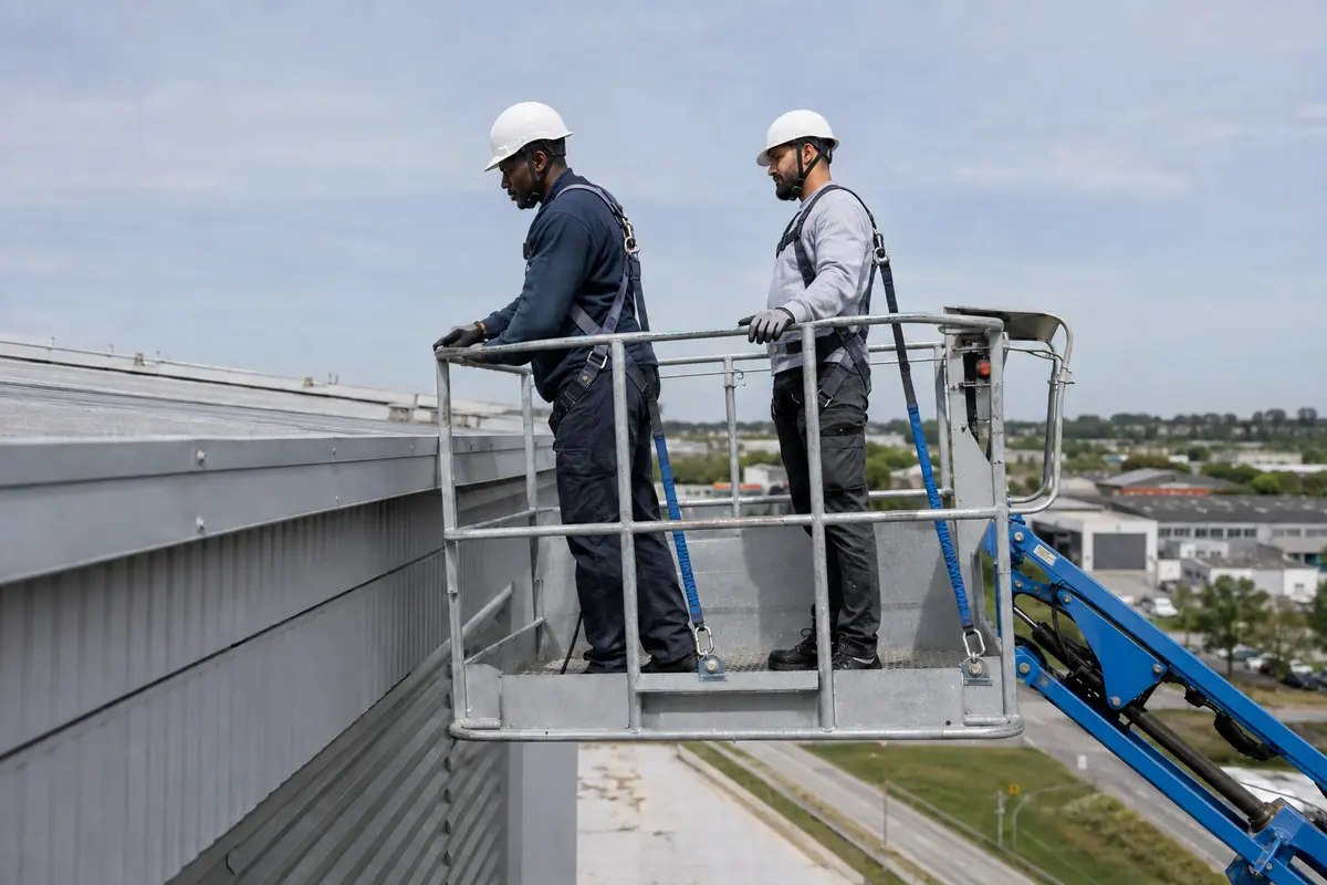Dos técnicos trabajan en altura sobre una plataforma con barandilla y arneses anclados.