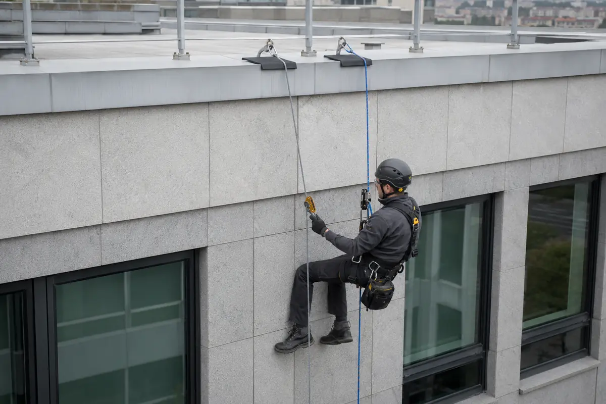 Técnico de trabajos verticales suspendido de cuerda de trabajo y cuerda de seguridad.