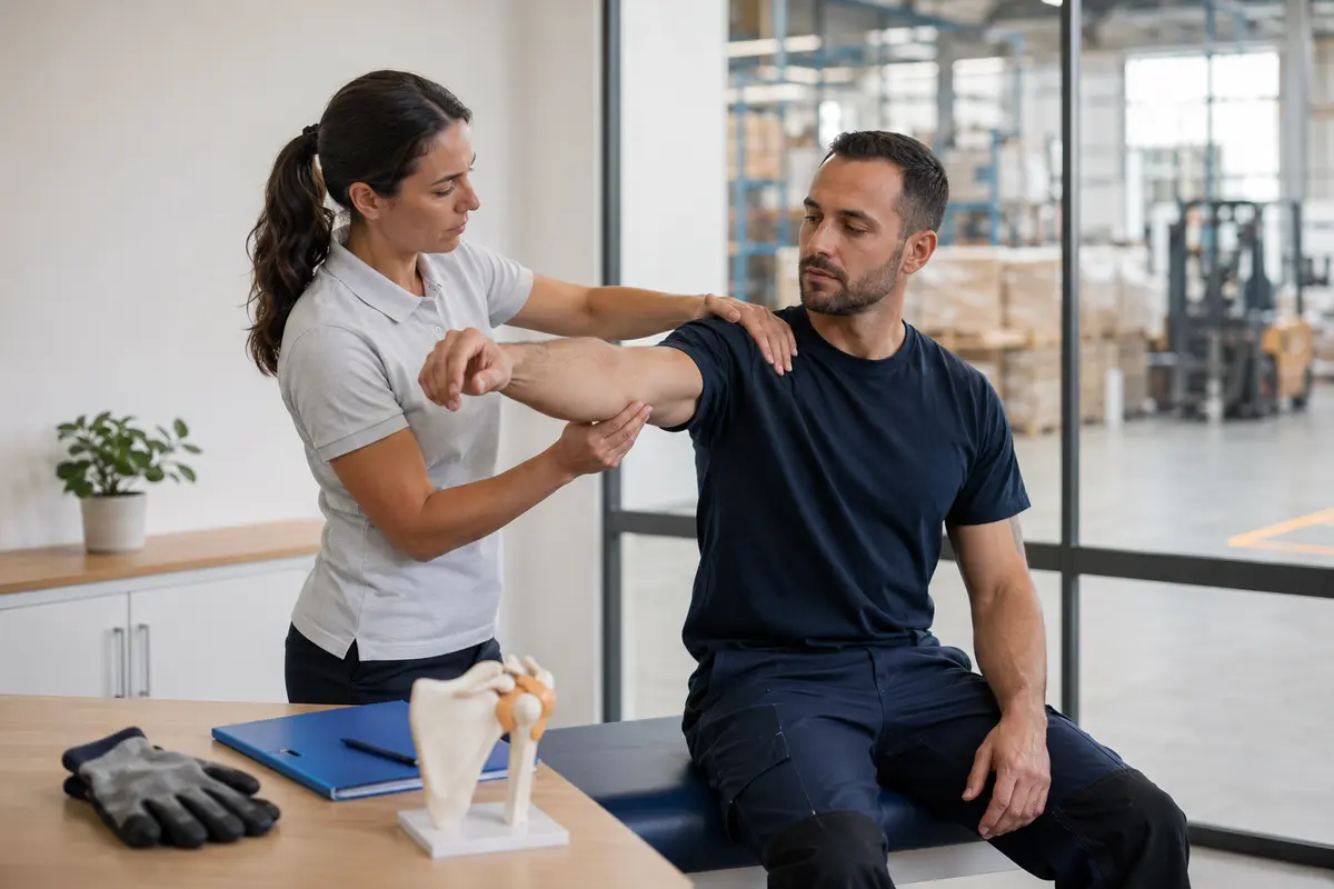 Ergonomista evalúa la movilidad del hombro de un trabajador de logística en una sala de salud laboral.