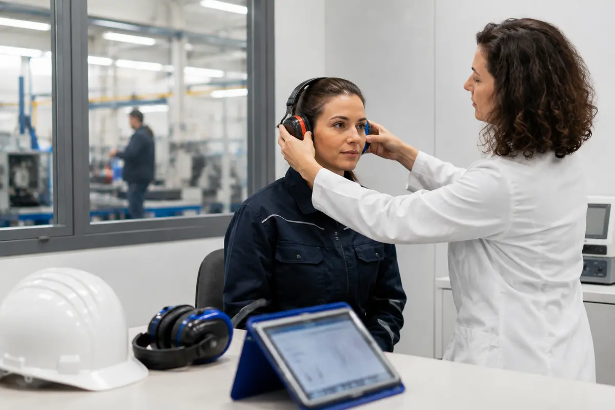 Profesional sanitaria realiza una prueba de audiometría a una trabajadora industrial en una consulta de salud laboral.