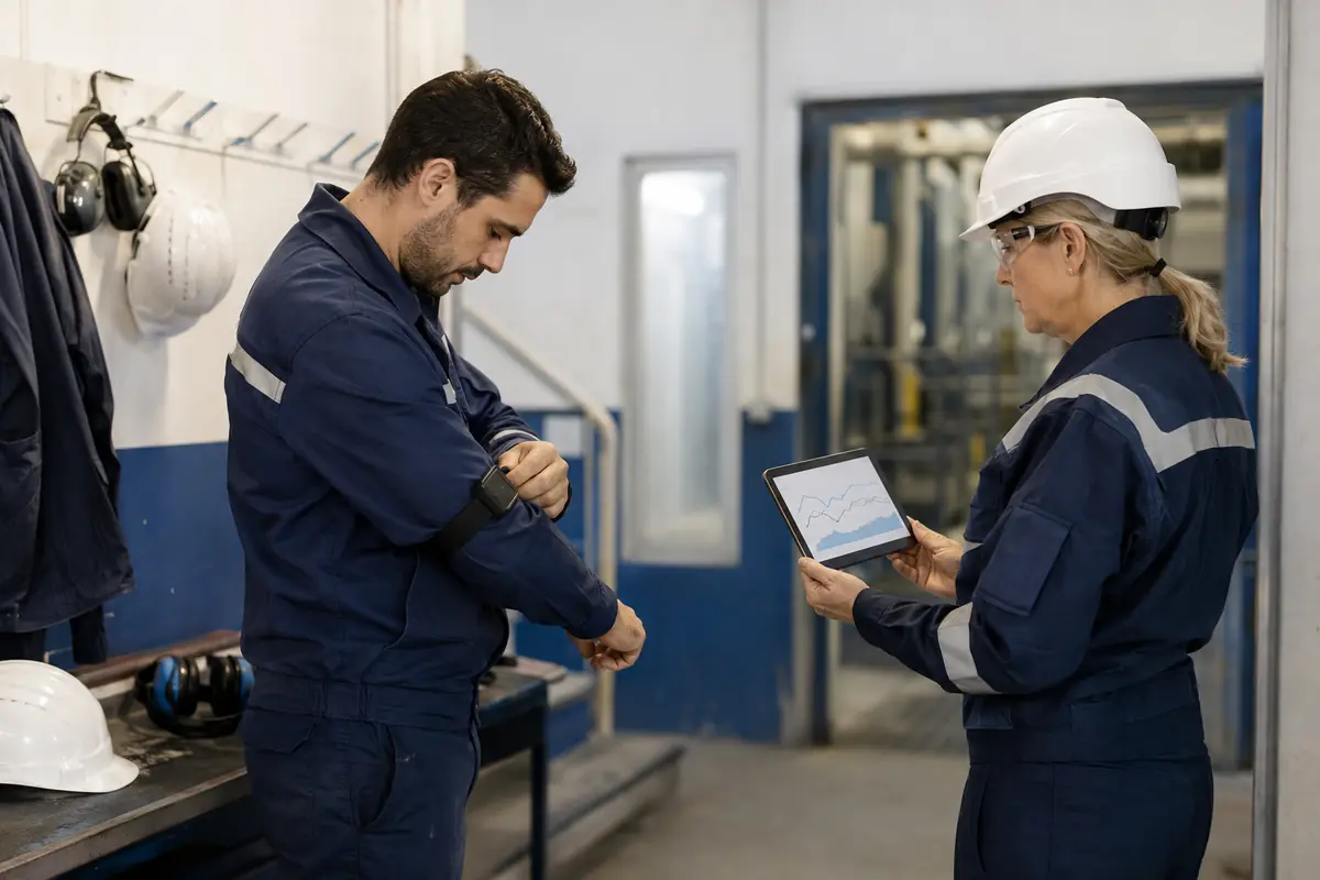 Operario ajusta un sensor vestible mientras una supervisora comprueba un gráfico en una tablet.
