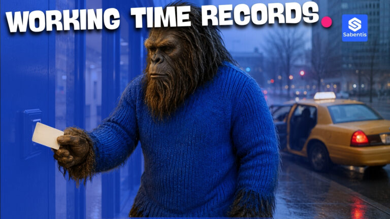Sasquatch in a blue sweater clocking in with a card, metaphor for digital working time records
