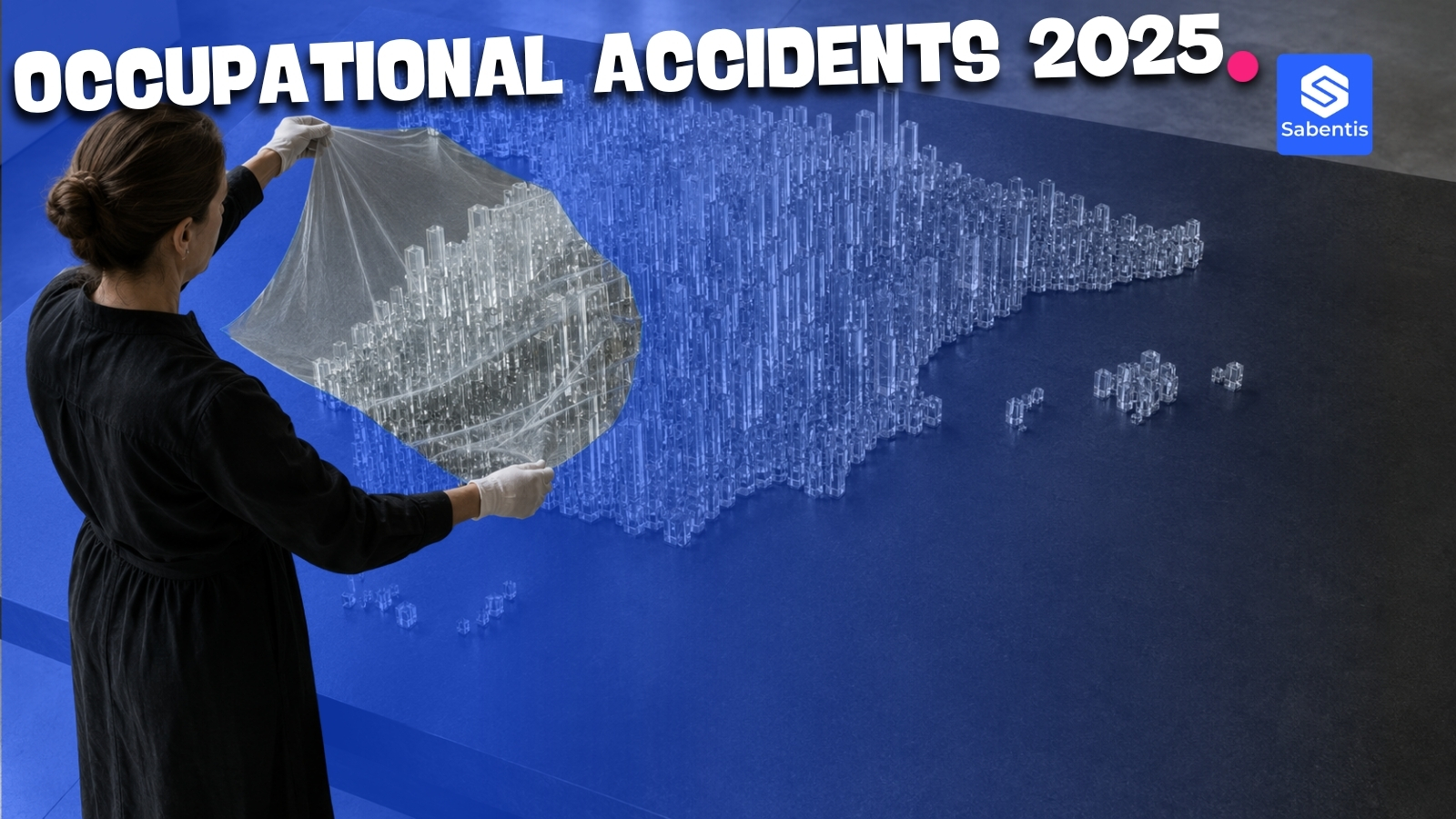Conservator holding a glass-prism map of Spain, symbol of the 2025 workplace accident figures