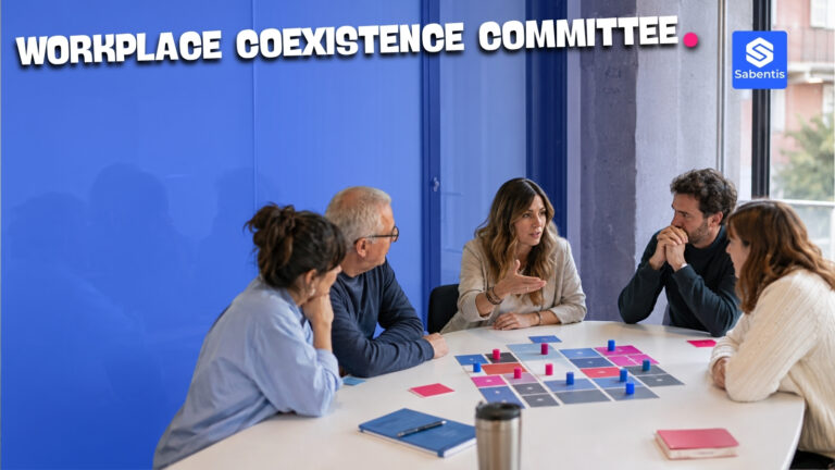 Members of a workplace coexistence committee meeting as equals around a round table
