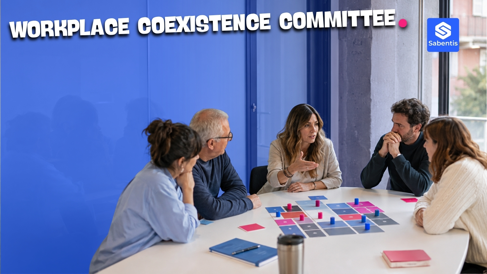 Members of a workplace coexistence committee meeting as equals around a round table