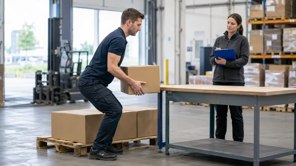 Técnica de prevención observa el levantamiento manual de una caja desde un palé.