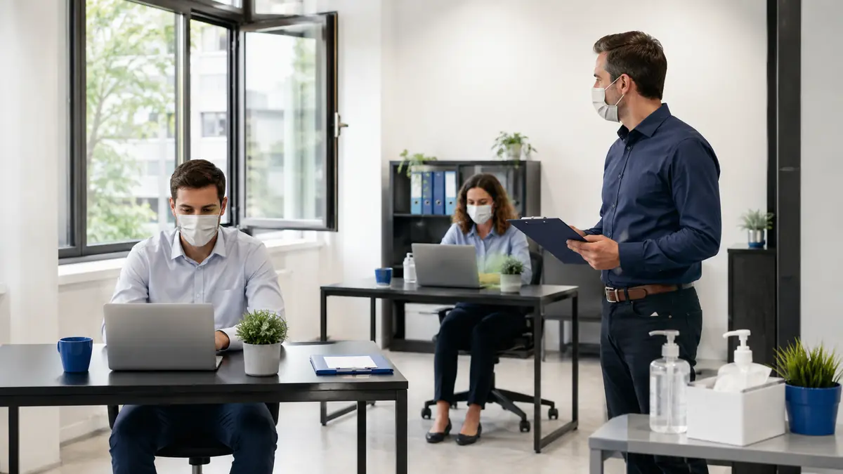 Personal de oficina aplica medidas de trabajo seguro durante la pandemia de COVID-19.