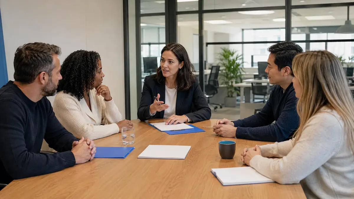Especialista en riesgos psicosociales conversa con un grupo de personas trabajadoras.