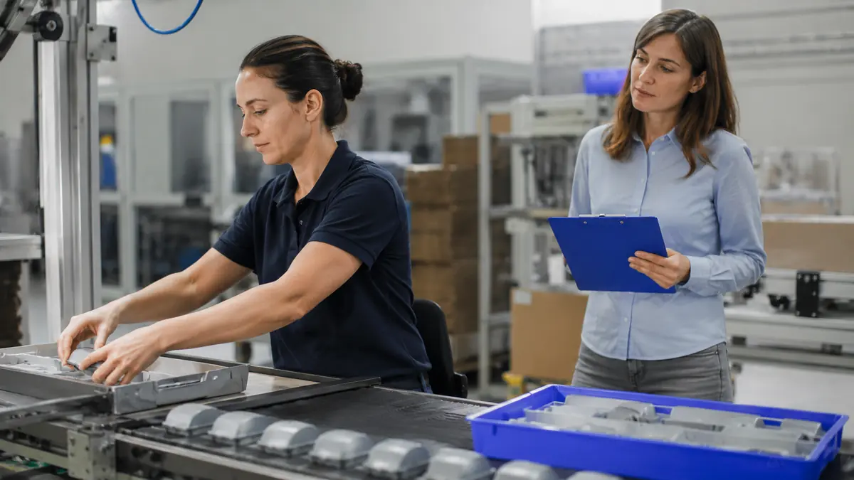 Ergónoma observa los movimientos repetitivos de brazos y manos en una línea de trabajo.