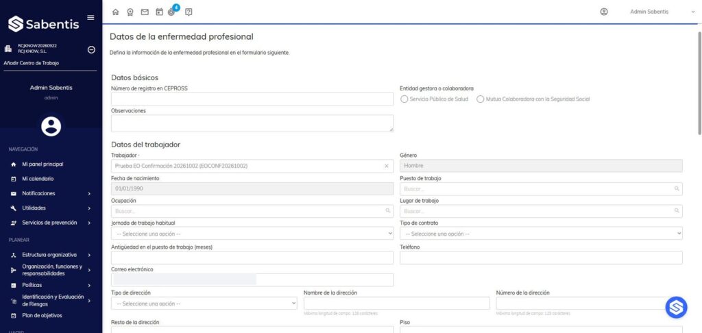 Enfermedad profesional: puesto de trabajo y ocupación sin obligatoriedad en Sabentis Prime.