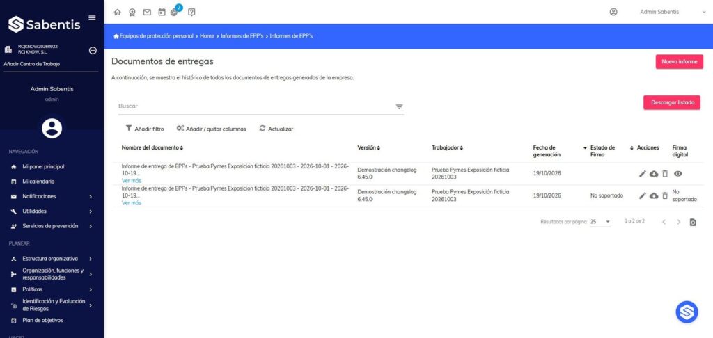 Documentos de entregas de EPP con la columna Estado de Firma en Sabentis Prime.