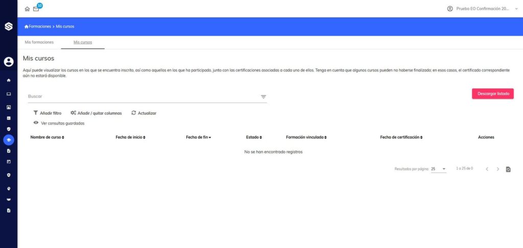 Mis cursos: estado, formación vinculada y fecha de certificación en Sabentis Prime.