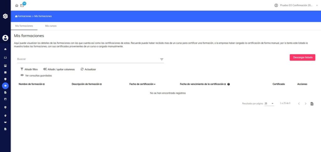 Mis formaciones: certificación y vigencia de las formaciones del trabajador en Sabentis Prime.