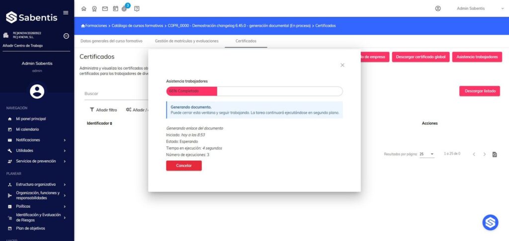 Aviso de generación de documentos en segundo plano en Sabentis Prime.