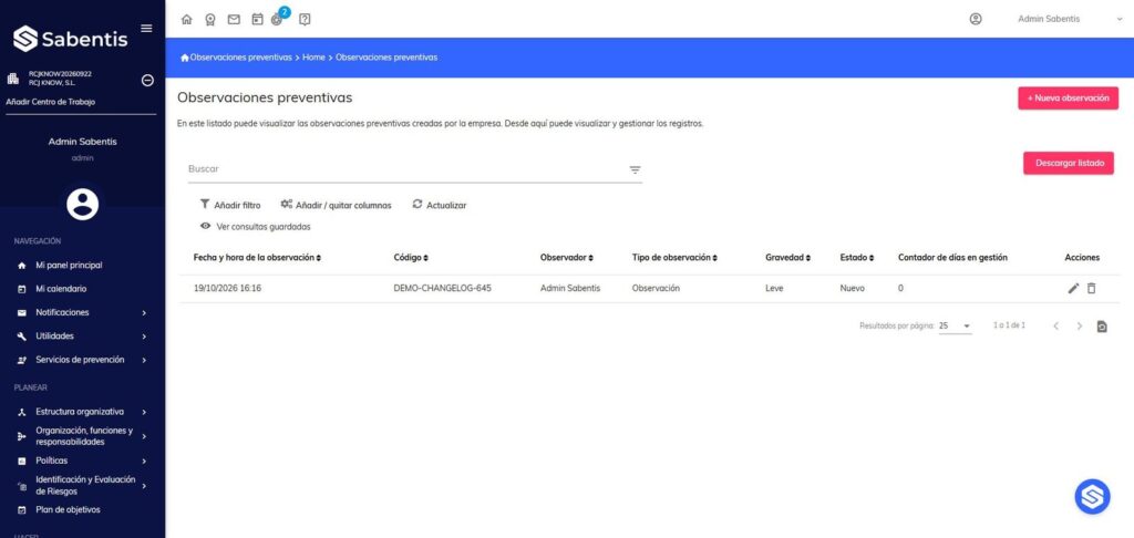 Listado de observaciones preventivas con la columna Gravedad en Sabentis Prime.