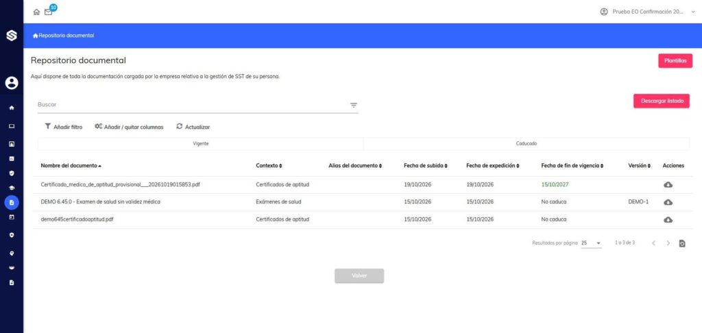 Repositorio documental del trabajador con certificados y examen de salud en Sabentis Prime.