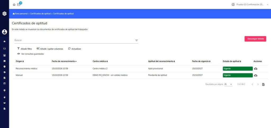 Área personal del trabajador con certificados manuales y del reconocimiento en Sabentis Prime.