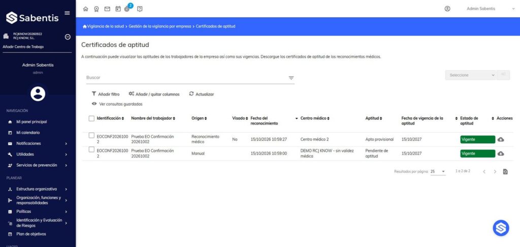 Certificados de aptitud de empresa con origen, visado y vigencia en Sabentis Prime.