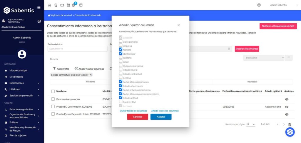 Consentimiento informado con la columna Empresa entre las columnas disponibles en Sabentis Prime.