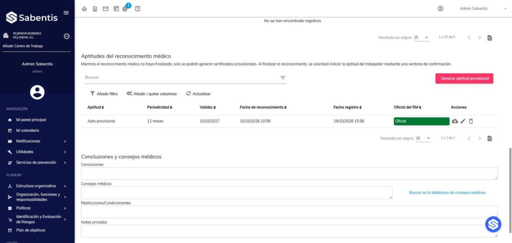 Pestaña Diagnósticos con el historial de aptitudes del reconocimiento médico en Sabentis Prime.