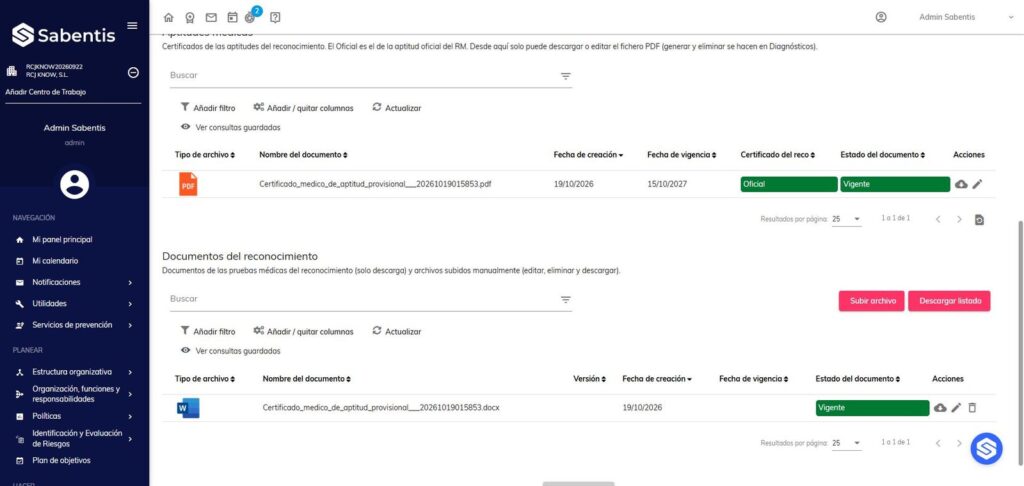 Informes y pruebas: certificados de aptitud y documentos del reconocimiento en Sabentis Prime.